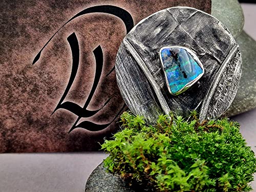 LeoLars-PABE Großer Bambus und Gräser Design Anhänger mit farbintensivem und brilliantem Boulder Opal mit Feuer, aus 925er Silber, teilgeschwärzt, Unikat, Handarbeit