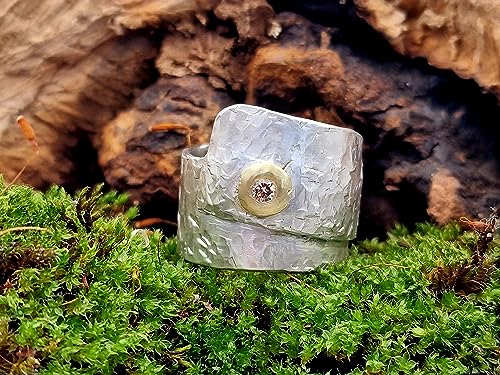 LeoLars-PABE Breiter Wickel Design Ring mit 3mm cognacfarbenem Brilliant, aus 925er Silber mit 585er Goldfassung, Gr.60/61, Unikat, Handarbeit