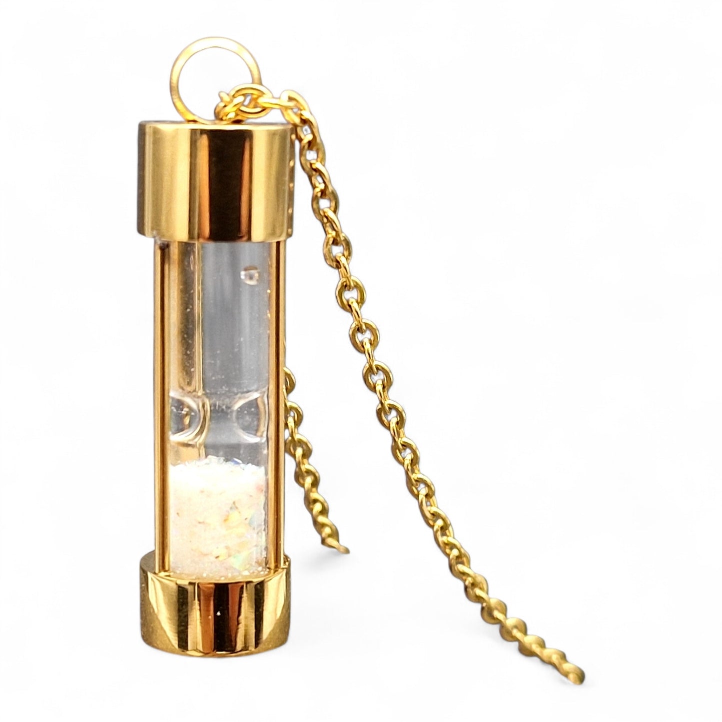 Goldfarbene Edelstahl Sanduhr mit Coober Pedy Opalsplittern, mehrfarbiges Opalfeuer, Nr. 2, goldfarbene Edelstahlkette 60cm