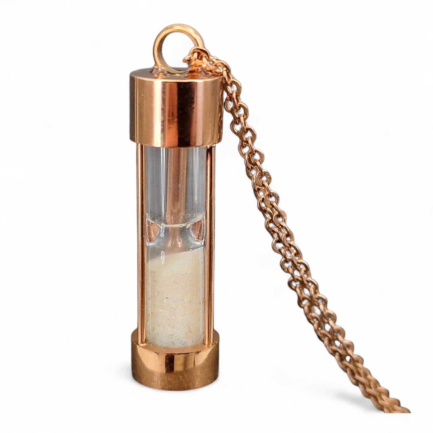 rotgoldfarbender Edelstahl Sanduhr Anhhänger, bunte Lightning Ridge Opalsplitter, Edelstahlkette 50cm, von Hand individualisiert