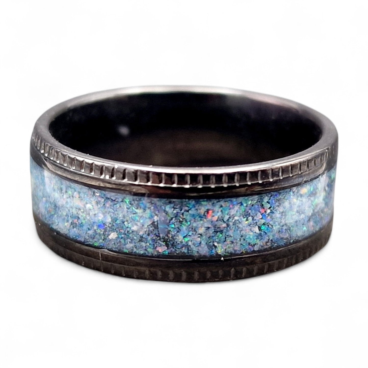 Edelstahl Ring schwarz, Gr. 60 (19,2), Multicolor Lightning Ridge Opalsplitter Band, von Hand individualisiert
