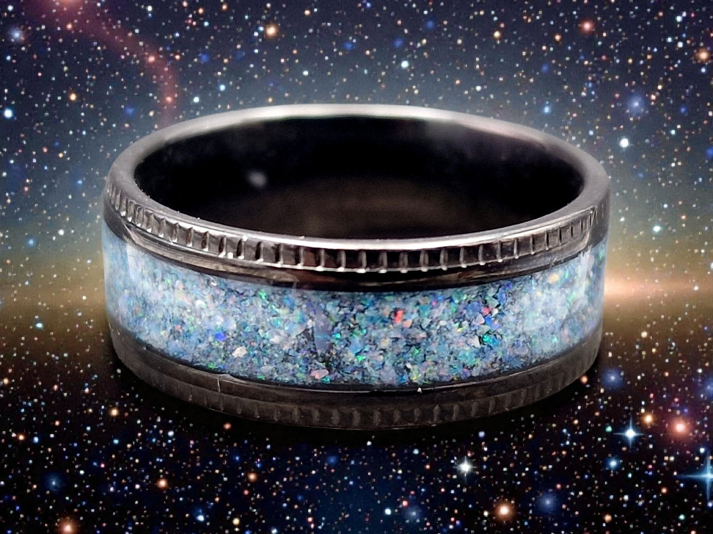 Edelstahl Ring schwarz, Gr. 60 (19,2), Multicolor Lightning Ridge Opalsplitter Band, von Hand individualisiert
