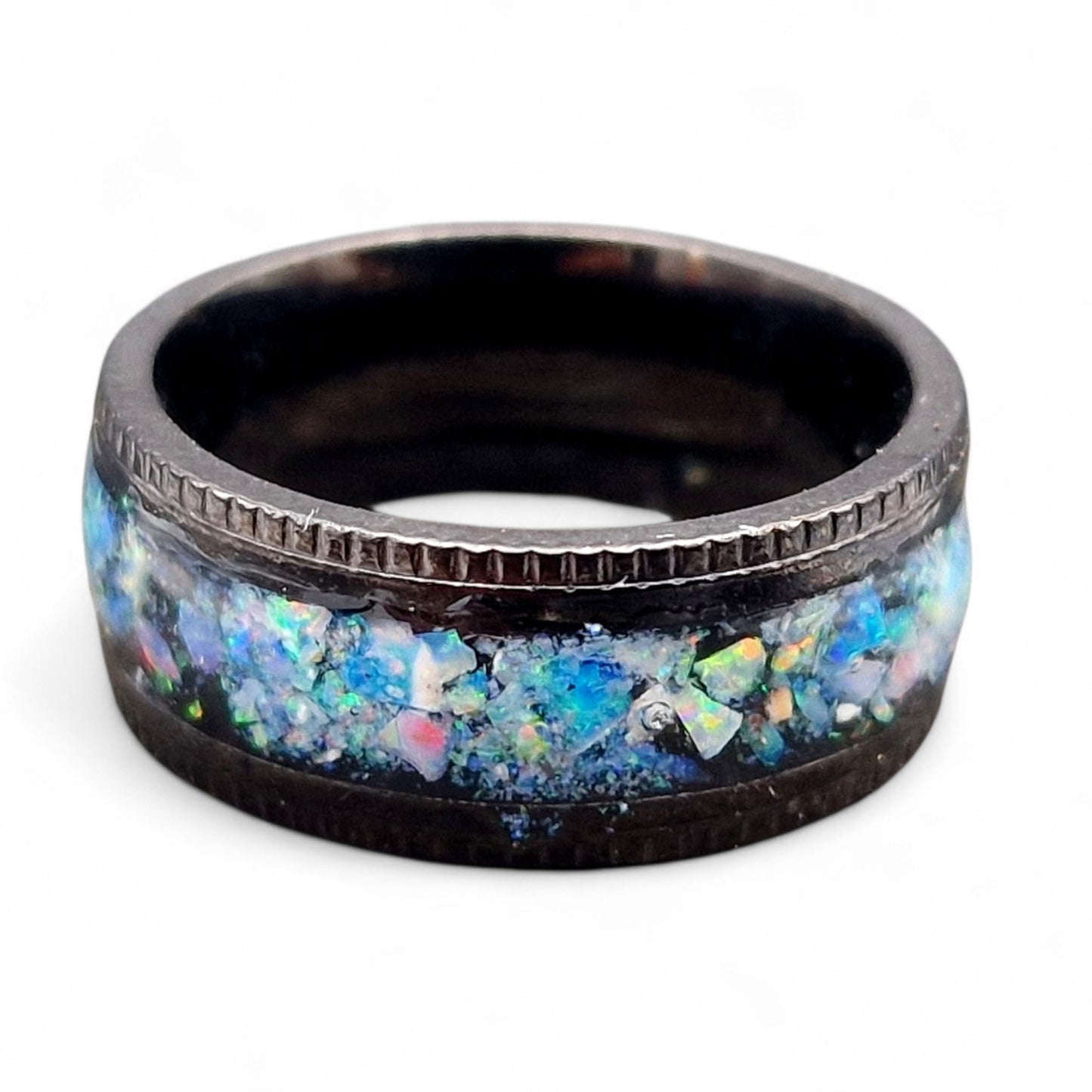 Schwarzer Edelstahl Ring, Gr. 54(17,2), Multicolor Lightning Ridge Opalsplitter Band, von Hand individualisiert