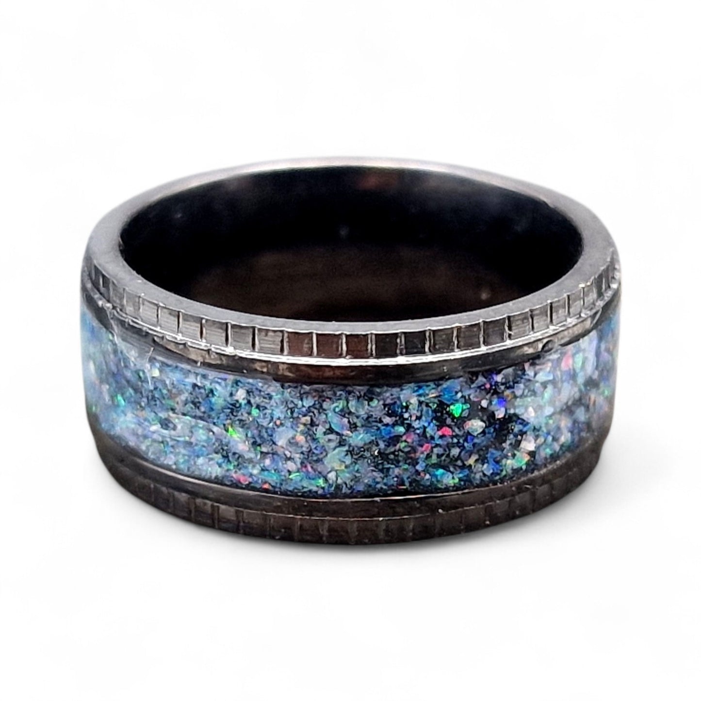 Schwarzer Edelstahl Ring, Gr. 51 (16,3), Multicolor Lightning Ridge Opalsplitter Band, von Hand individualisiert