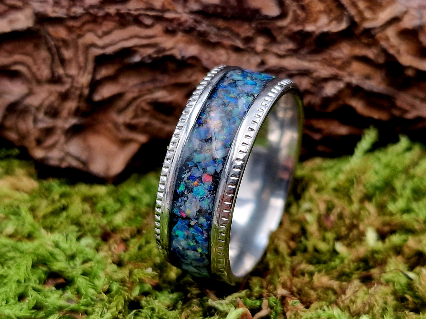 Silberner Edelstahl Ring, Gr. 60 (19,2), Multicolor Lightning Ridge Opalsplitter, von Hand individualisiert