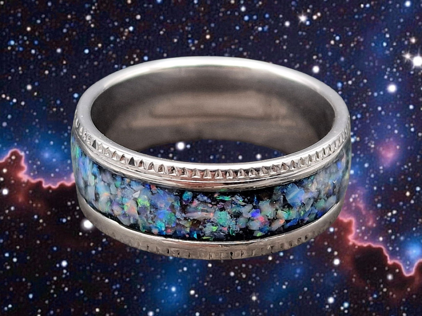 Silberner Edelstahl Ring, Gr. 60 (19,2), Multicolor Lightning Ridge Opalsplitter, von Hand individualisiert