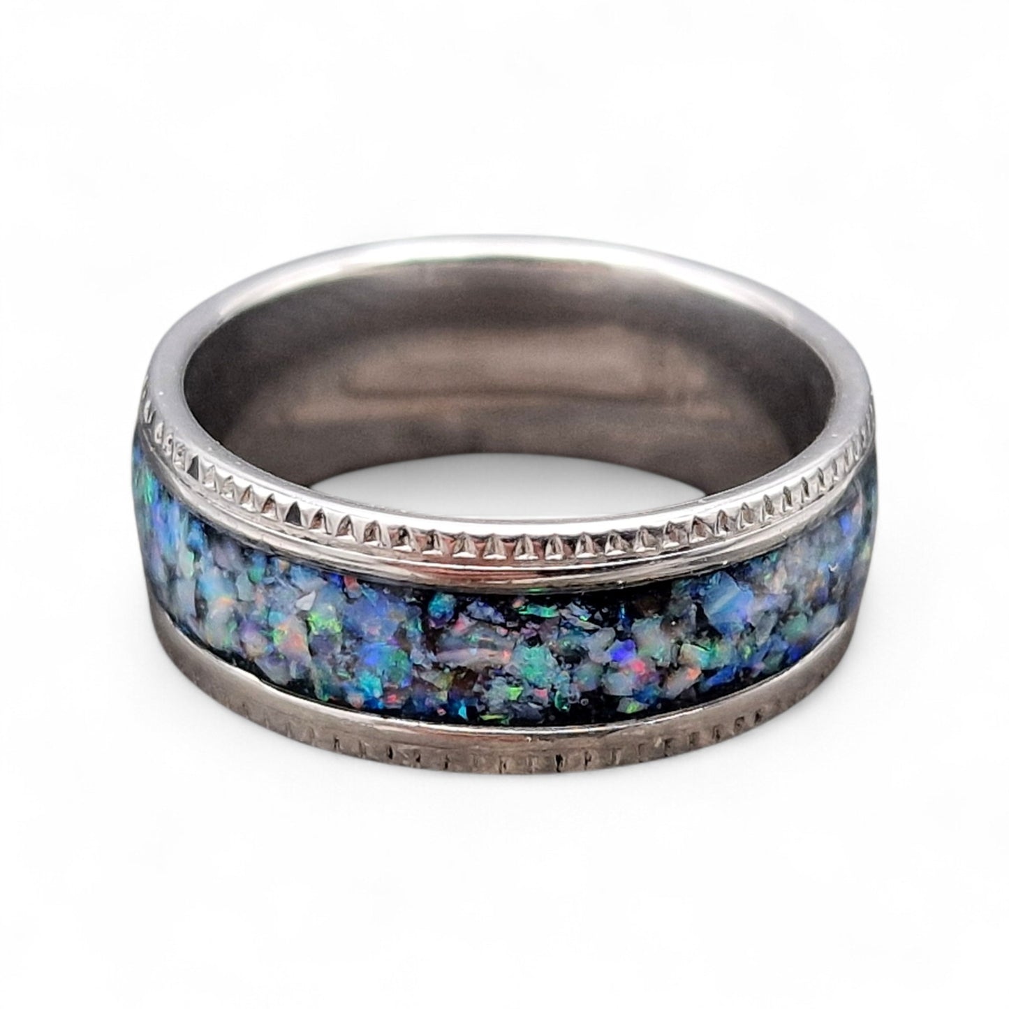 Silberner Edelstahl Ring, Gr. 60 (19,2), Multicolor Lightning Ridge Opalsplitter, von Hand individualisiert
