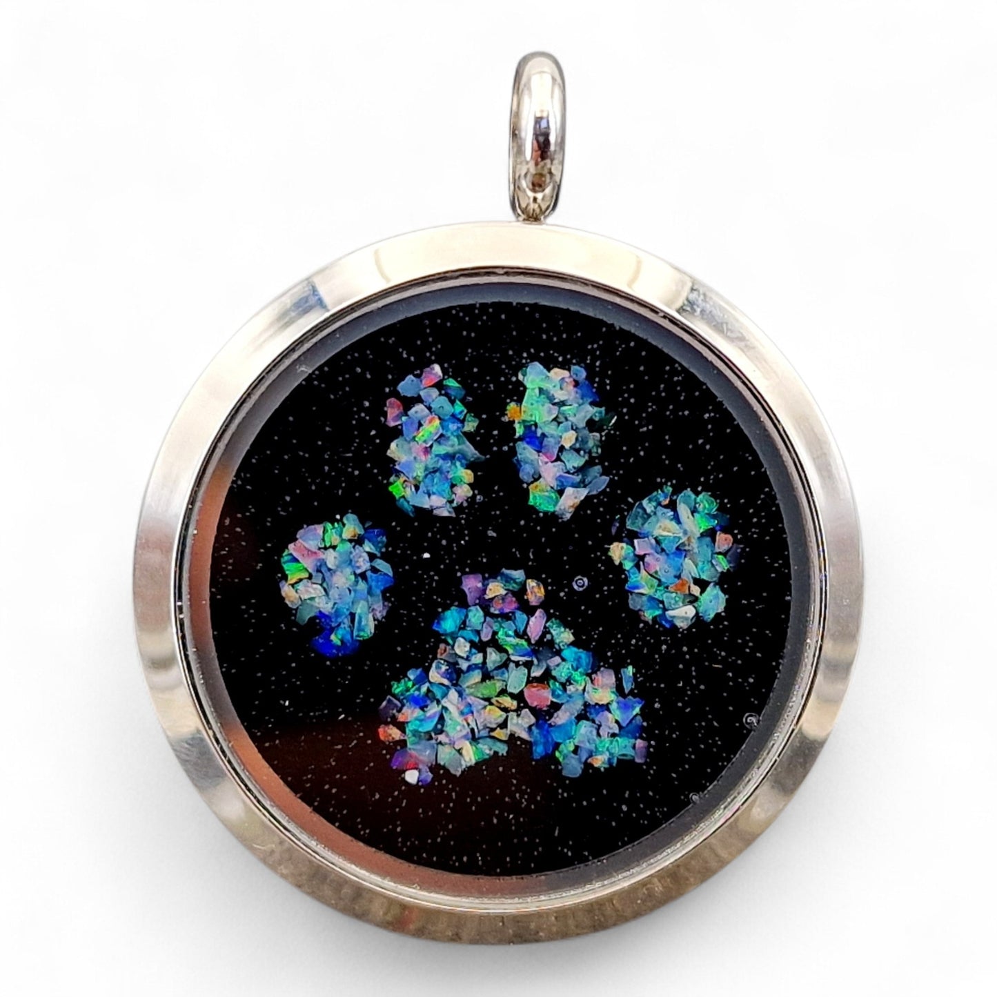 Silberfarbener Lightning Ridge Multicolor Opalsplitter Anhänger im Pfötchen Design, 30mm Durchmesser, von Hand individualisiert, Nr. 0103