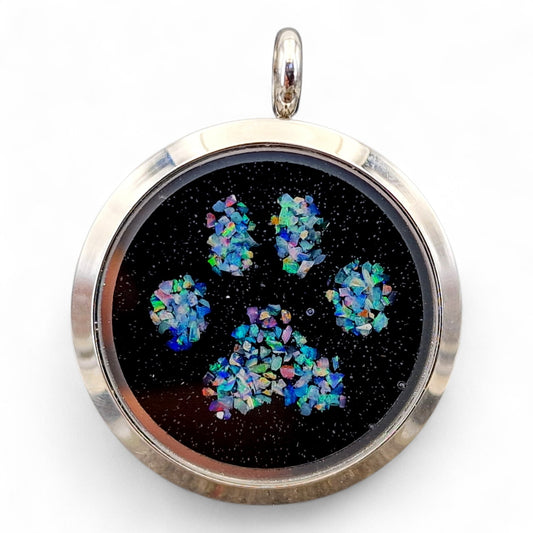 Silberfarbener Lightning Ridge Multicolor Opalsplitter Anhänger im Pfötchen Design, 30mm Durchmesser, von Hand individualisiert, Nr. 0103