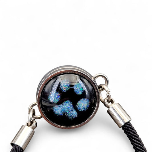 Schwarzes Armband mit silberfarbenen beidseitig tragbar, Multicolor Lightning Ridge Opalsplitter Pfötchen Design, 17,5mm Durchmesser, von Hand individualisiert, Nr. 0112