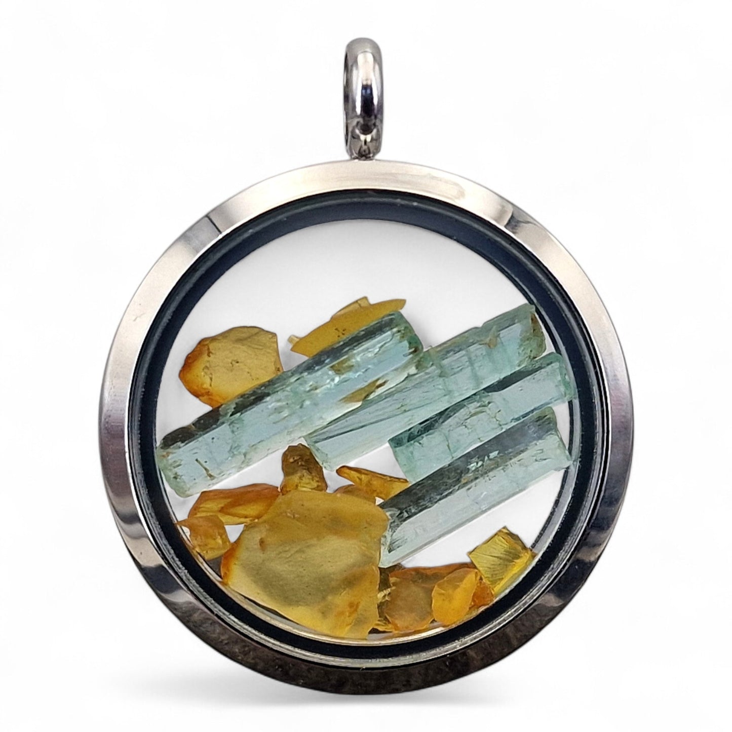 Edelstahl/Glas Anhänger in silberfarbend, beidseitig tragbar, kleine Aquamarin und Nordsee Rohsteine, von Hand individualisiert, 3 cm Durchmesser, mit Kette, Nr. 120