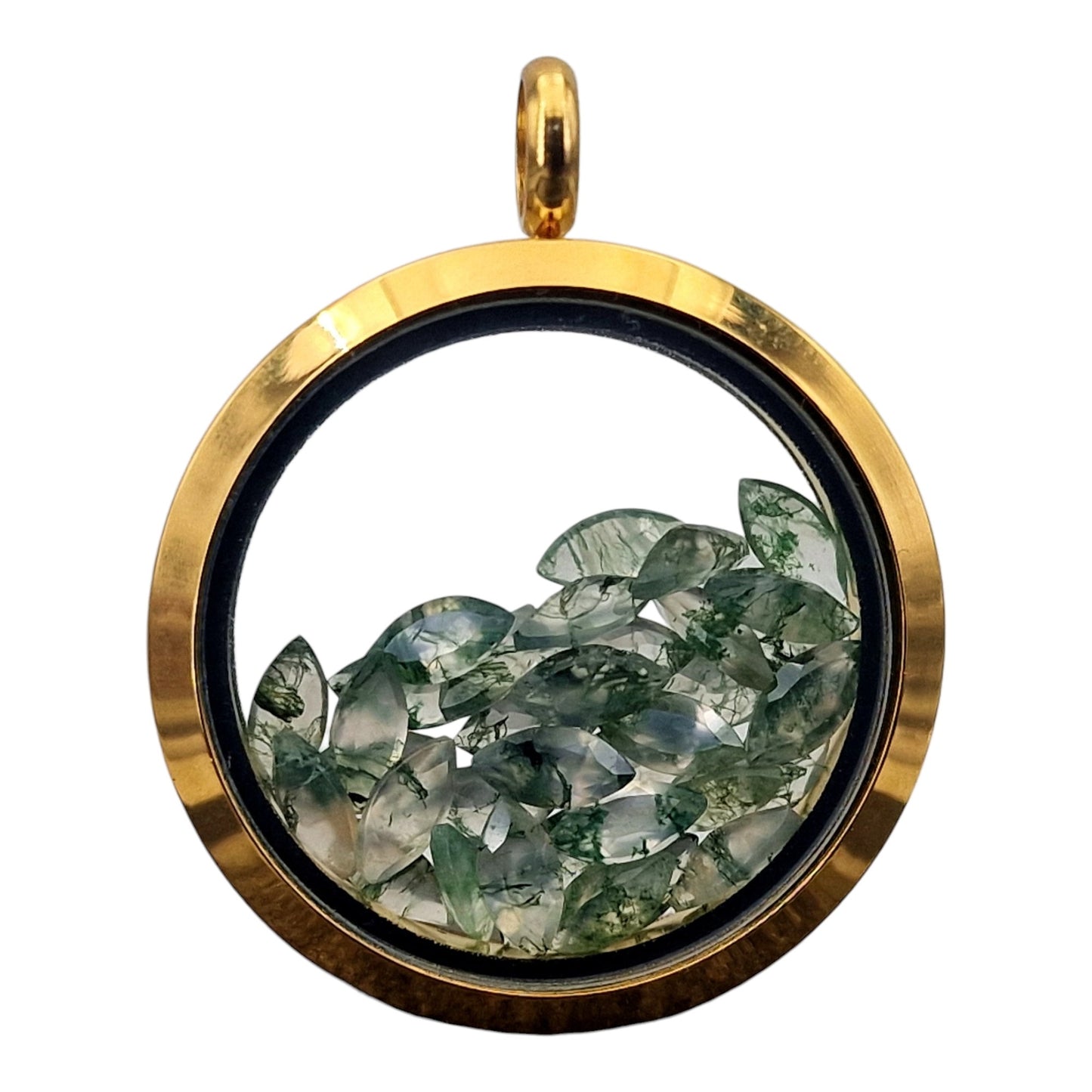 Edelstahl/Glas Anhänger in gelbgoldener Farbe, gefüllt mit facettierten Moosachaten, 3cm Durchmesser, von Hand individualisiert, Nr. 125, Kette im Lieferumfang enthalten