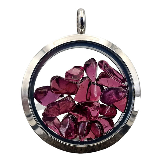 Silberfarbener Edelstahl/Glas Anhänger, gefüllt mit getrommeltem Granat, Nr.128, beidseitig tragbar, von Hand individualisiert, Kette im Lieferumfang enthalten, 3cm Durchmesser