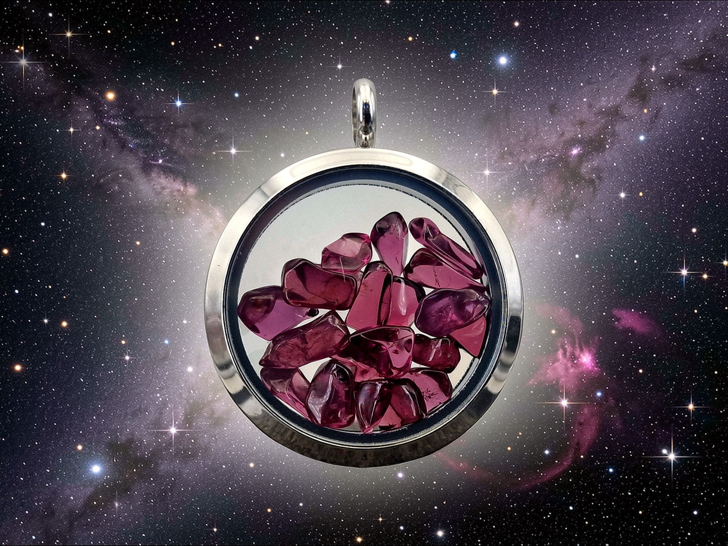 Silberfarbener Edelstahl/Glas Anhänger, gefüllt mit getrommeltem Granat, Nr.128, beidseitig tragbar, von Hand individualisiert, Kette im Lieferumfang enthalten, 3cm Durchmesser