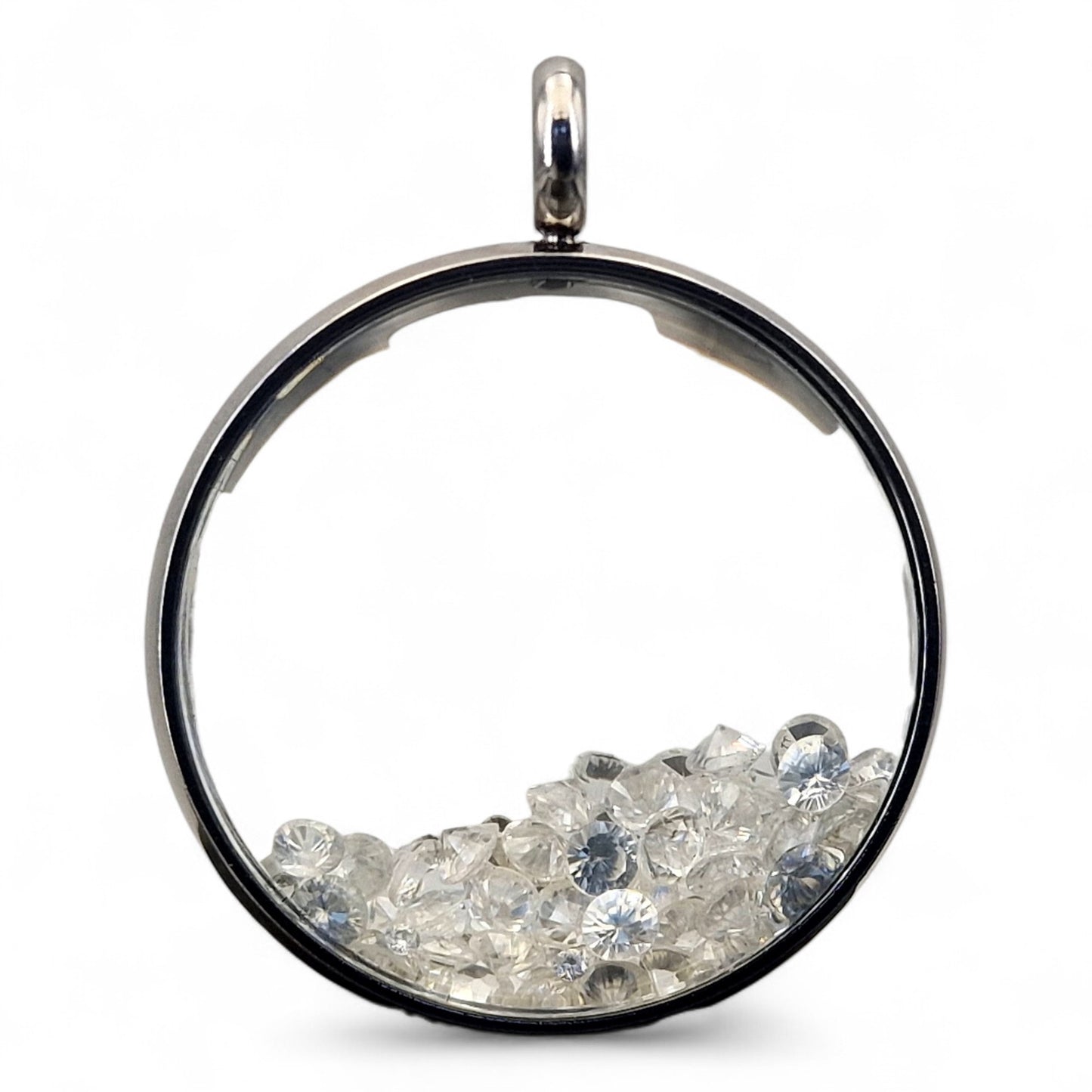 Silberfarbener Edelstahl/Glas Anhänger mit Lupeneffekt, gefüllt mit facettierten Topas, 3cm Durchmesser, Nr. 130, von Hand individualisiert, Kette im Lieferumfang enthalten