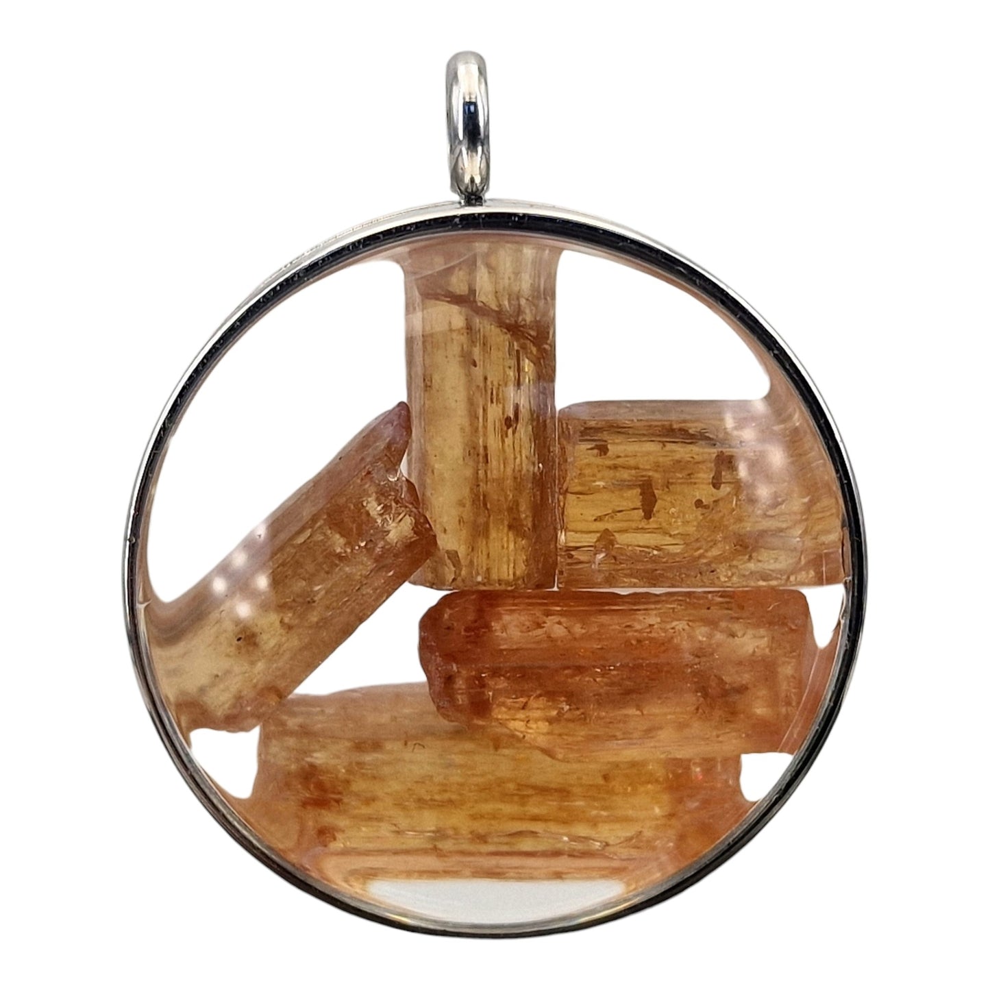 Silberfarbener Edelstahl/Glas Anhänger mit Lupeneffekt, Nr. 133, gefüllt mit Imperial Topas, 3,5cm Durchmesser, von Hand individualisiert, Edelstahlkette im Lieferumfang enthalten