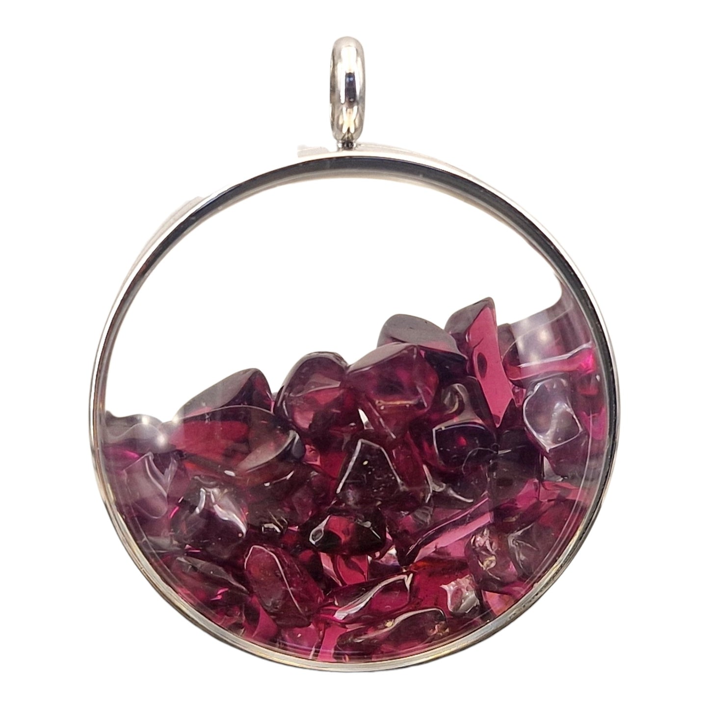 Silberfarbener Edelstahl/Glas Anhänger mit Lupeneffekt, gefüllt mit getrommeltem Granat, Nr. 134, 3,5cm Durchmesser, beidseitig tragbar, von Hand individualisiert, silberfarbene Edelstahlkette im Lieferumfang enthalten