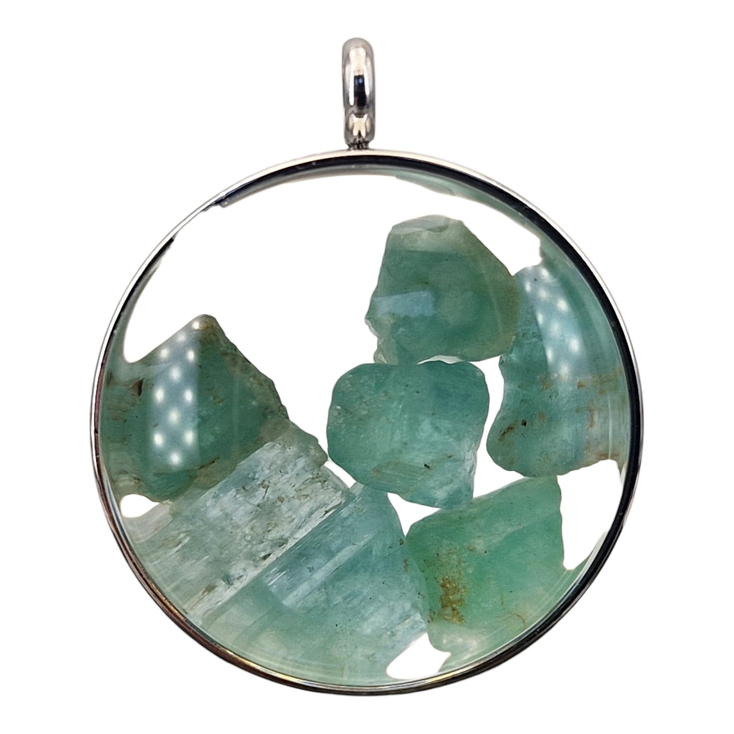 Silberfarbener Edelstahl/Glas Anhänger mit Lupeneffekt, Nr. 135, gefüllt mit grün-blauem Smaragd Rohsteinen, von Hand individualisiert, beidseitig tragbar, Edelstahlkette im Lieferumfang enthalten