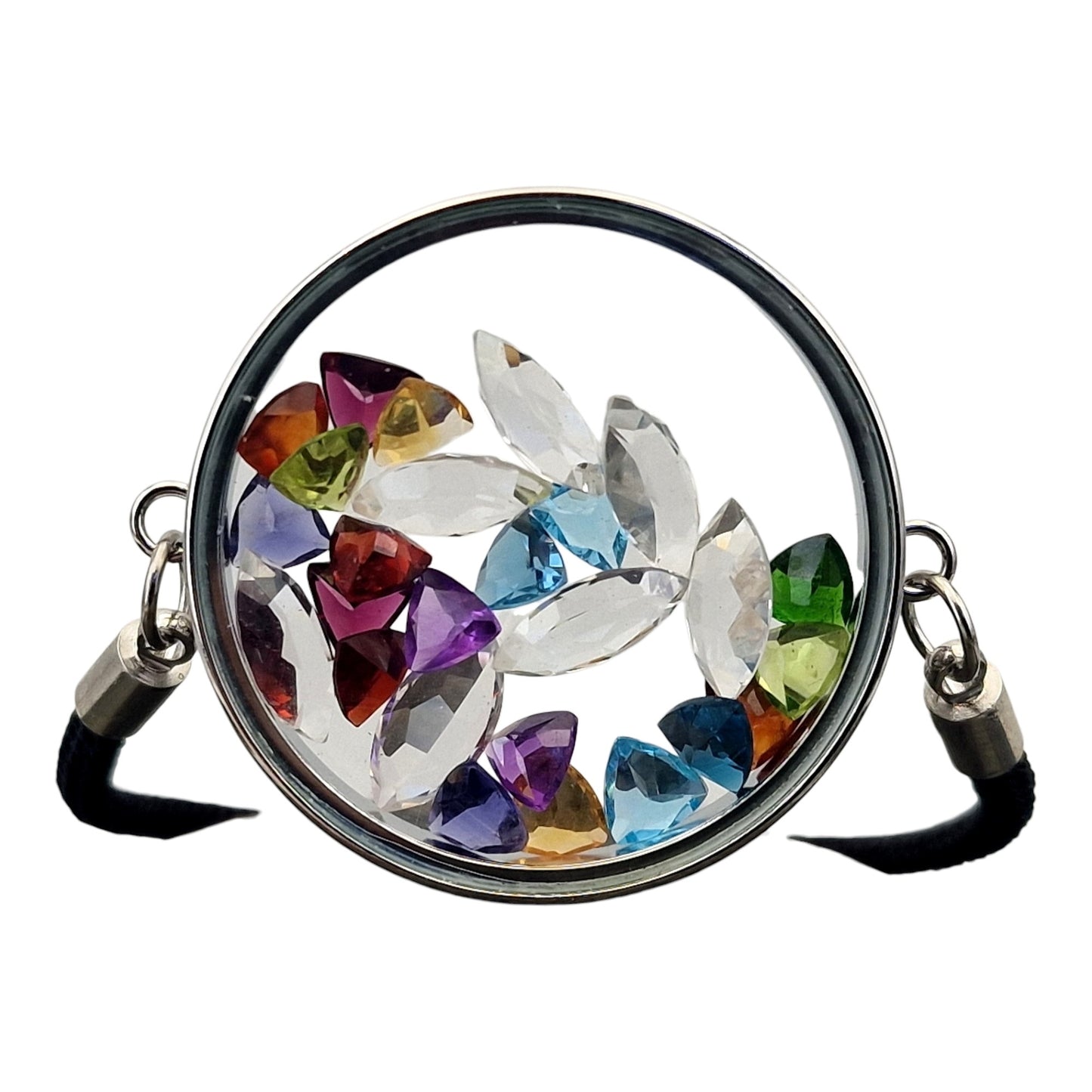 Edelstahl Armband silberfarben mit verschiedenen facettierten Edelsteinen, Durchmesser 3,5cm, von Hand individualisiert, Nr. 138