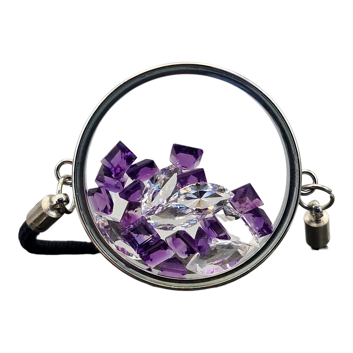 Edelstahl Armband in silberfarben mit facettiertem Amethyst und Bergkristall, Nr. 139, 3,5cm Durchmesser, von Hand individualisiert, Nr. 139