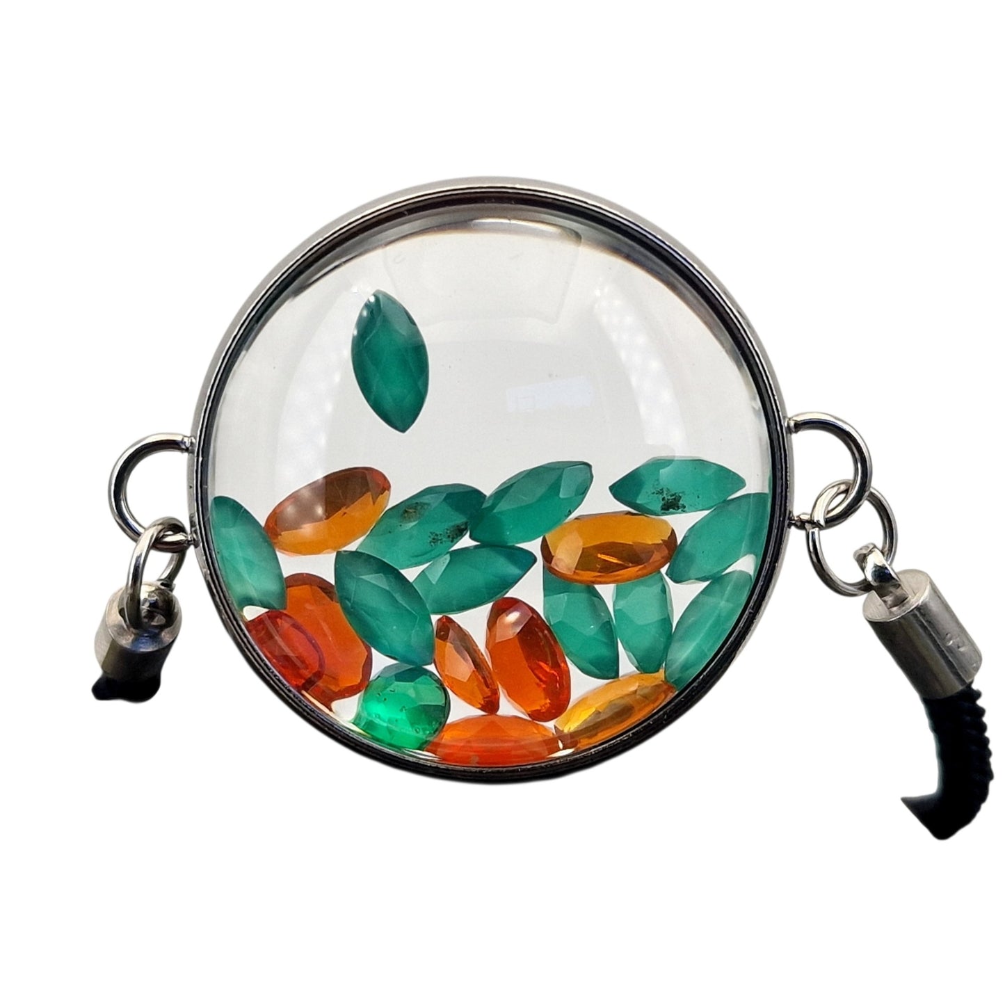 Edelstahl Armband silberfarbend, Glas Anhänger mit Lupeneffekt, gefüllt mit Feueropal und facettiertem Grünquarz, 3cm Durchmesser, Nr.140, von Hand individualisiert, bis 22 cm Umfang