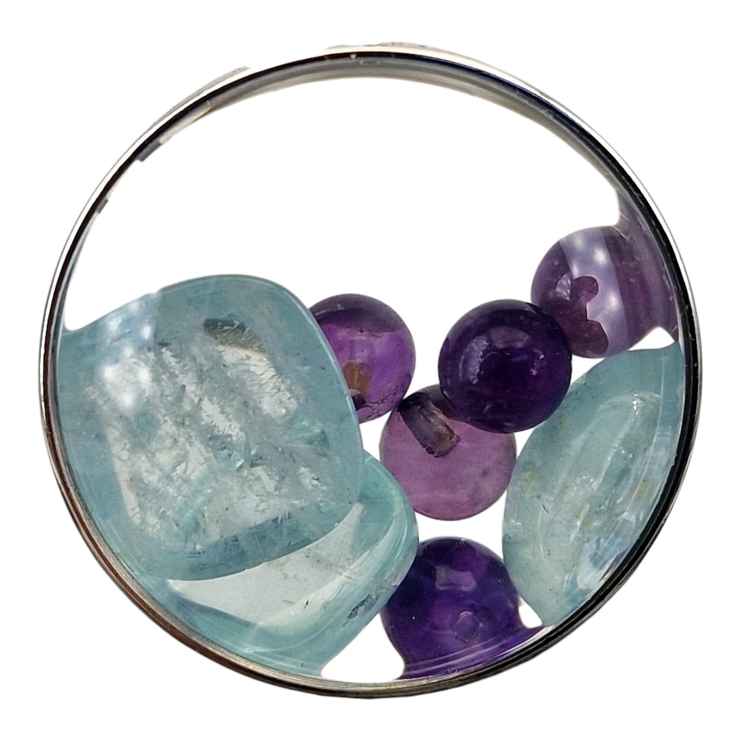 Edelstahl  Anhänger silberfarbend, gefüllt mit Amethyst Kugeln und Aquamarin Cabochons, 3,5cm Durchmesser mit Lupeneffekt, Nr.141, von Hand individualisiert, mit Edelstahlkette