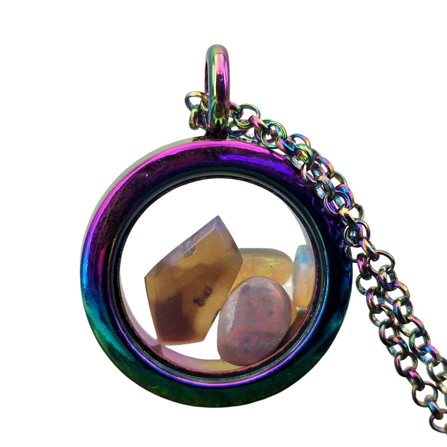 Edelstahl Glas Anhänger bunt eloxiert, beidseitig tragbar, 2,5cm Durchmesser, gefüllt mit Opalen aus Lightning Ridge, Nr. 142, von Hand individualisiert, 62cm lange bunt eloxierte Edelstahlkette im Lieferumfang enthalten