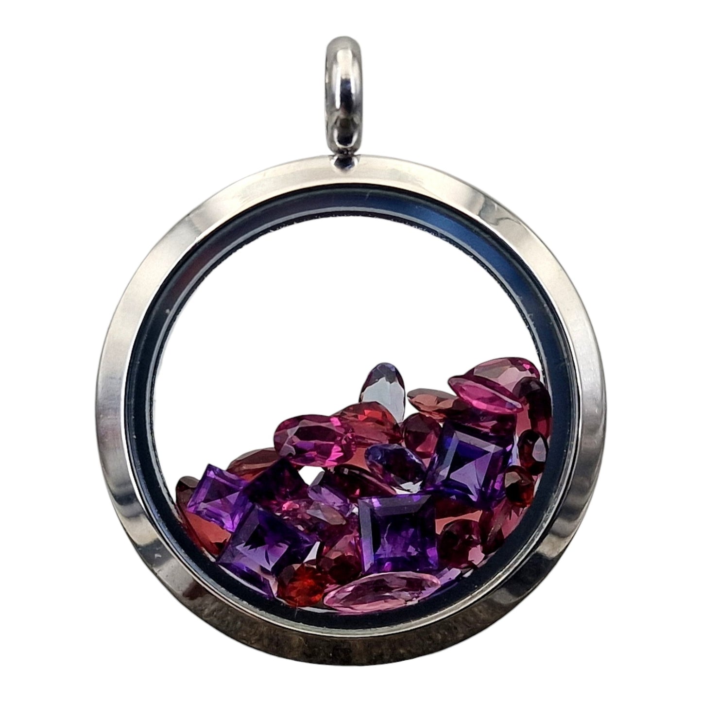 Edelstahl Anhänger silberfarbend mit facettierten Amethyst, Granat und Tansanit, Glasanhänger 3cm Durchmesser, Nr.143, von Hand individualisiert, Edelstahl Kette im Lieferumfang enthalten