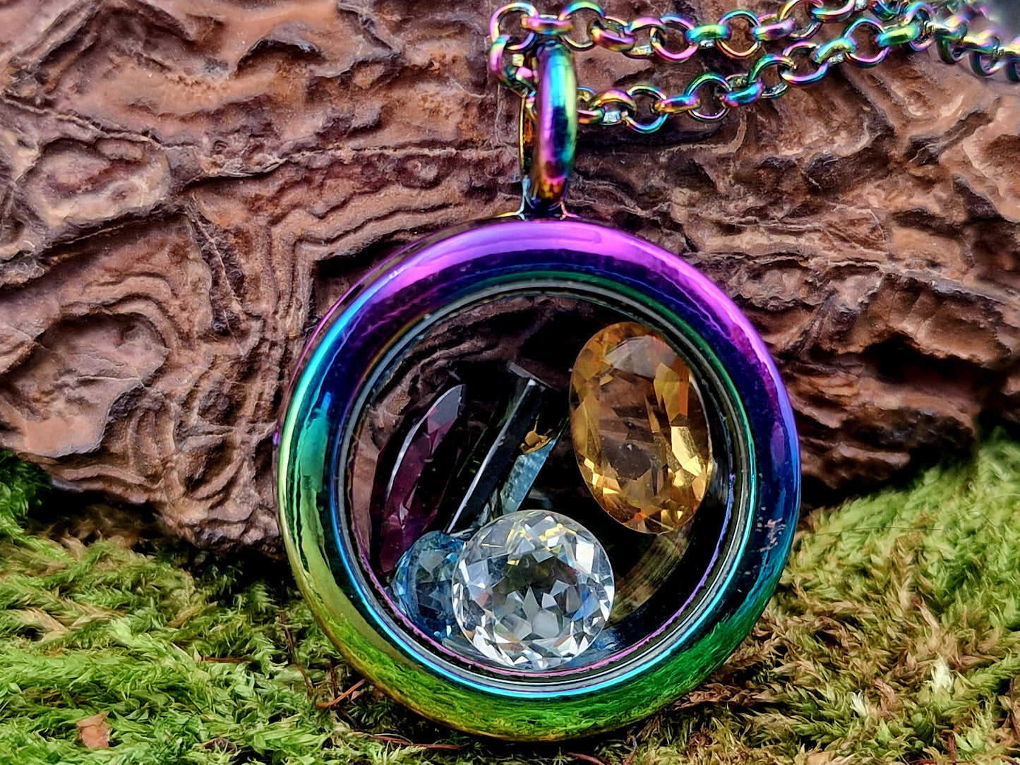 Edelstahl/Glas Anhänger bunt eloxiert, gefüllt mit Citrin, Turmalin, Bergkristall und Blautopas, Nr. 148, beidseitig tragbar, von Hand individualisiert, 62cm bunt eloxierte Edelstahl Kette im Lieferumfang enthalten
