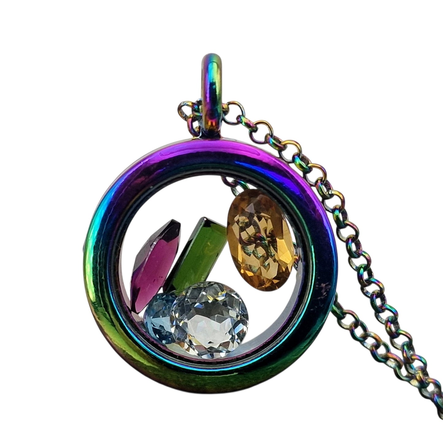 Edelstahl/Glas Anhänger bunt eloxiert, gefüllt mit Citrin, Turmalin, Bergkristall und Blautopas, Nr. 148, beidseitig tragbar, von Hand individualisiert, 62cm bunt eloxierte Edelstahl Kette im Lieferumfang enthalten