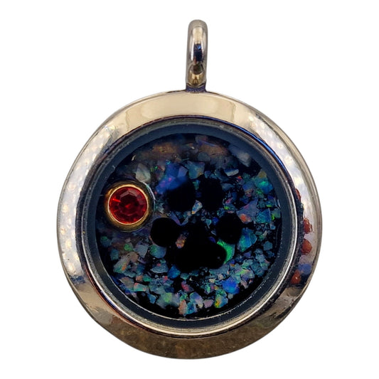 Edelstahl/Glas Anhänge silberfarben, mit echten Lightning Ridge Opal Splittern und rotem Glasstein in vergoldeter Fassung, mit schwarzem Pfötchen, Nr. 149, von Hand individualisiert, Anhänger Durchmesser 2,5cm