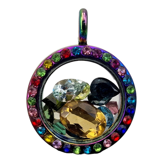 Edelstahl/Glas Anhänger bunt eloxiert, außen mit bunten Glassteinen, beidseitig tragbar,  gefüllt mit facettierten Blautopas, Turmalin, und Citrin, Nr. 152, 2,5cm Durchmesser, von Hand individualisiert