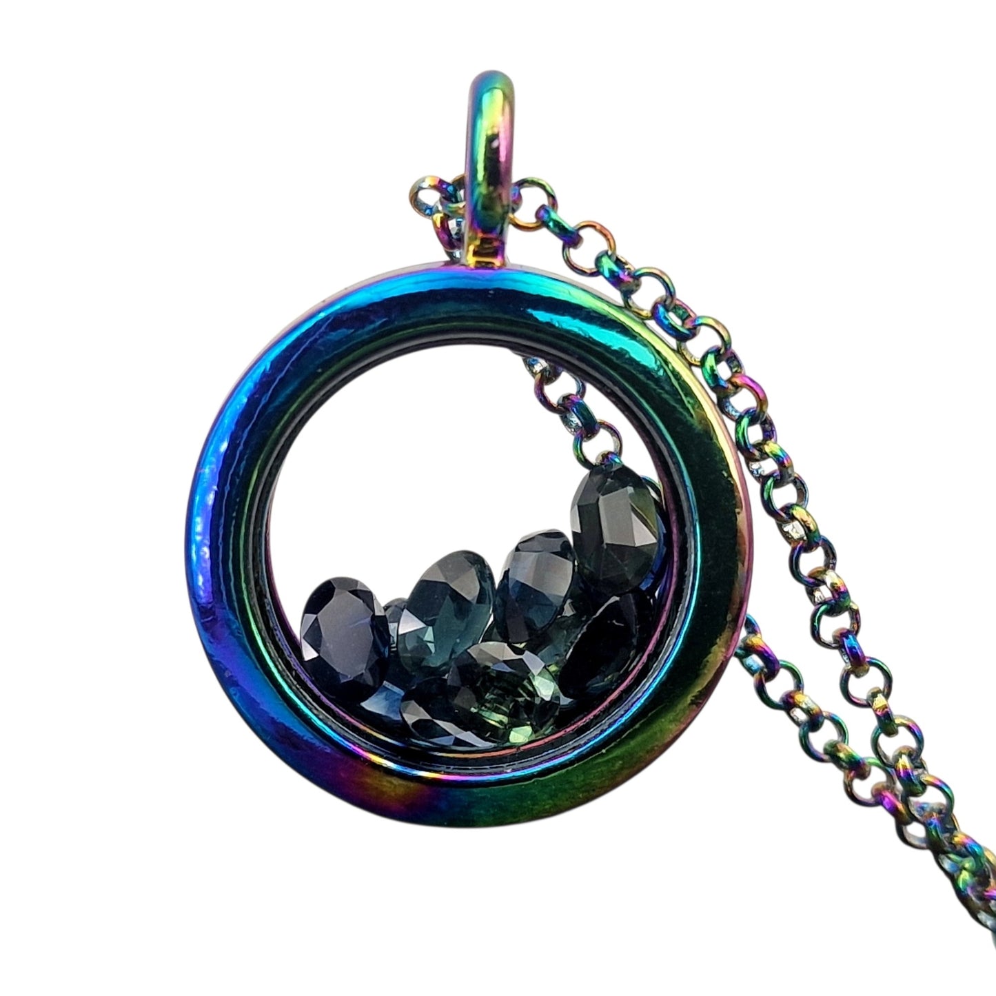 Edelstahl/Glas Anhänger bunt eloxiert, Nr. 153, beidseitig tragbar, gefüllt mit echtem Turmalin und facettierten Saphir, von Hand individualisiert, 60cm lange eloxierte Edelstahl Kette im Lieferumfang enthalten