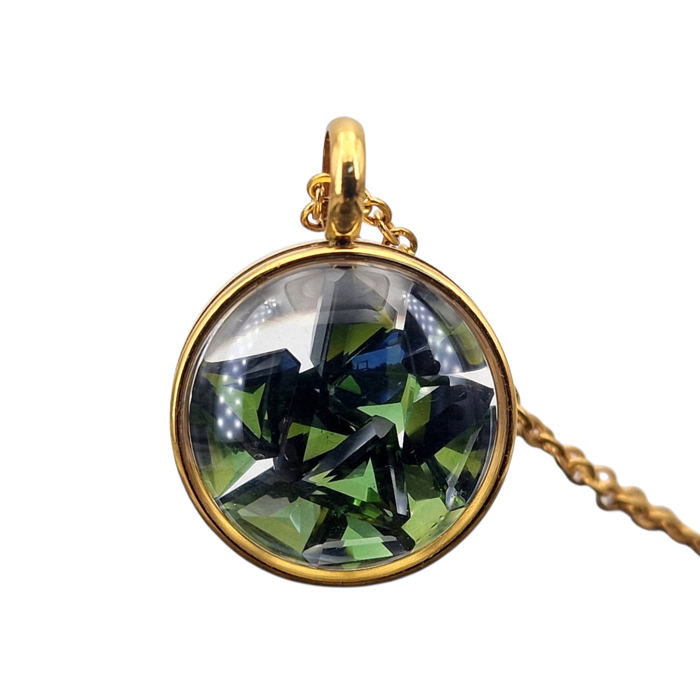 Edelstahl/Glas Anhänger, goldfarben mit Lupeneffekt, beidseitig tragbar, Nr. 154, gefüllt mit facettierten Turmalin, 2cm Durchmesser, von Hand individualisiert, 60cm lange goldfarbene Edelstahl Kette