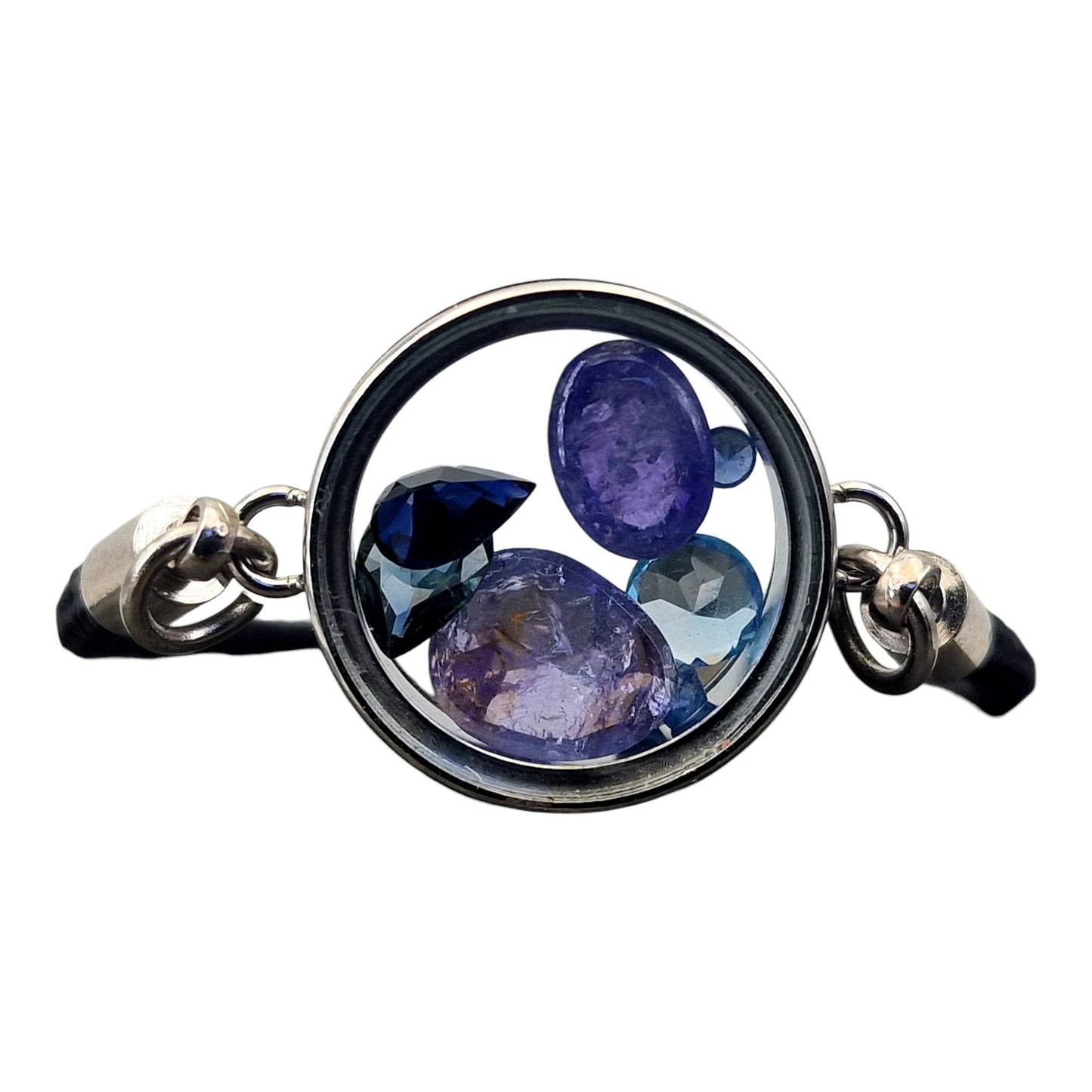 Edelstahl/Glas Armband, mit facettierten Edelsteinen,  Anhänger silberfaben, Durchmesser 2cm, beidseitig tragbar, Nr. 155, von Hand individualisiert, schwarzes Stoffarmband bis 22 cm Umfang