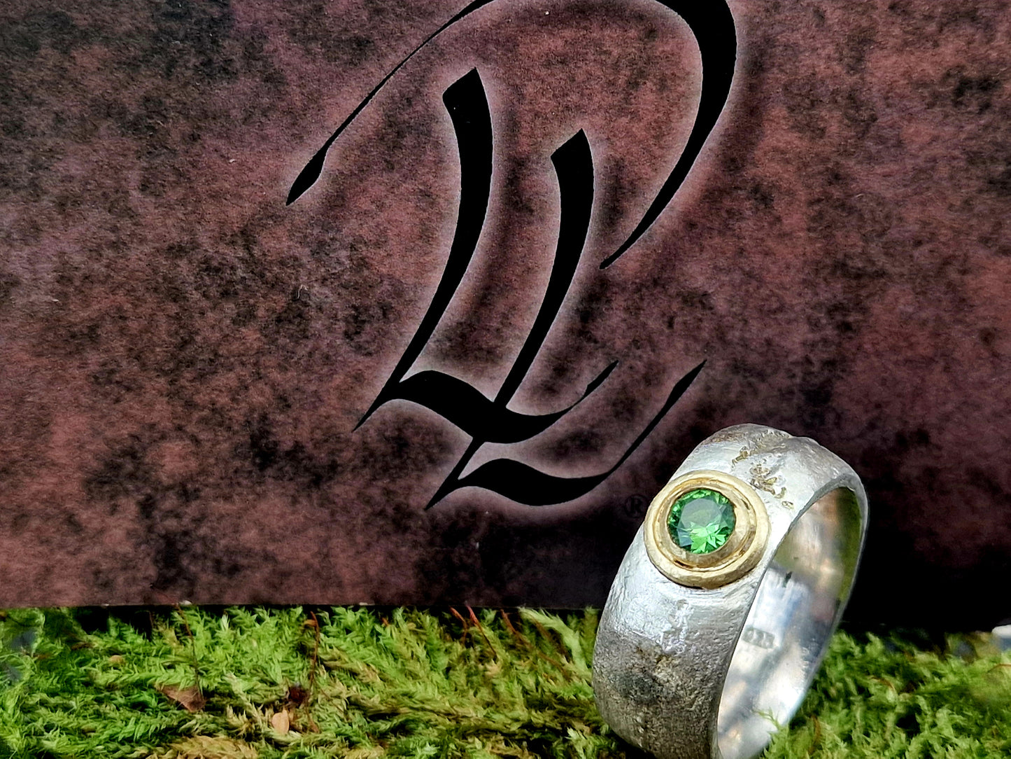 LeoLars-PABE wundervoller Sandguss Design Ring, Gr.61 (19,5), aus 925er Silber, knalliger Tsavorit in 585er Gelbgoldfassung, Unikat, Handarbeit, Unisex, Nr. 161