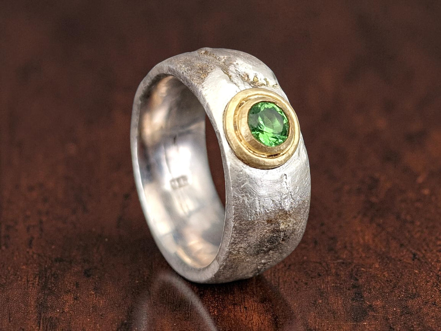 LeoLars-PABE wundervoller Sandguss Design Ring, Gr.61 (19,5), aus 925er Silber, knalliger Tsavorit in 585er Gelbgoldfassung, Unikat, Handarbeit, Unisex, Nr. 161