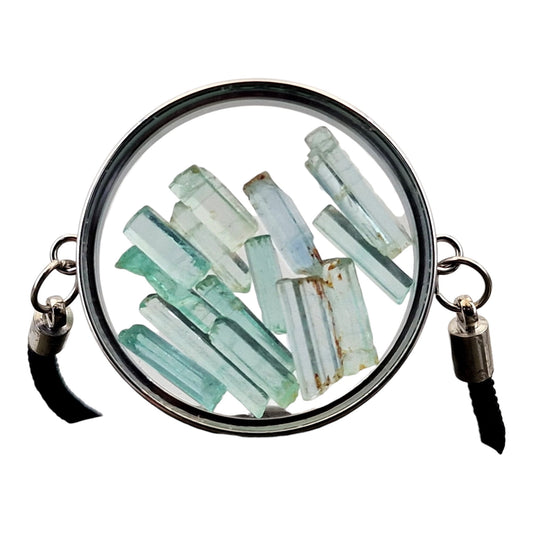 Edelstahl Armband silberfarbend mit schwarzem Stoffband, Nr. 167, gefüllt mit Aquamarin Kristallen, Unikat, von Hand individualisiert