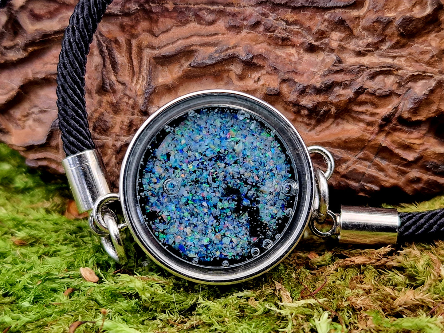 Lightning Ridge Opalsplitter Armband aus Edelstahl/Glas, bis 20cm Umfang, Nr. 168, bunte Opalsplitter , Unikat, von Hand individualisiert