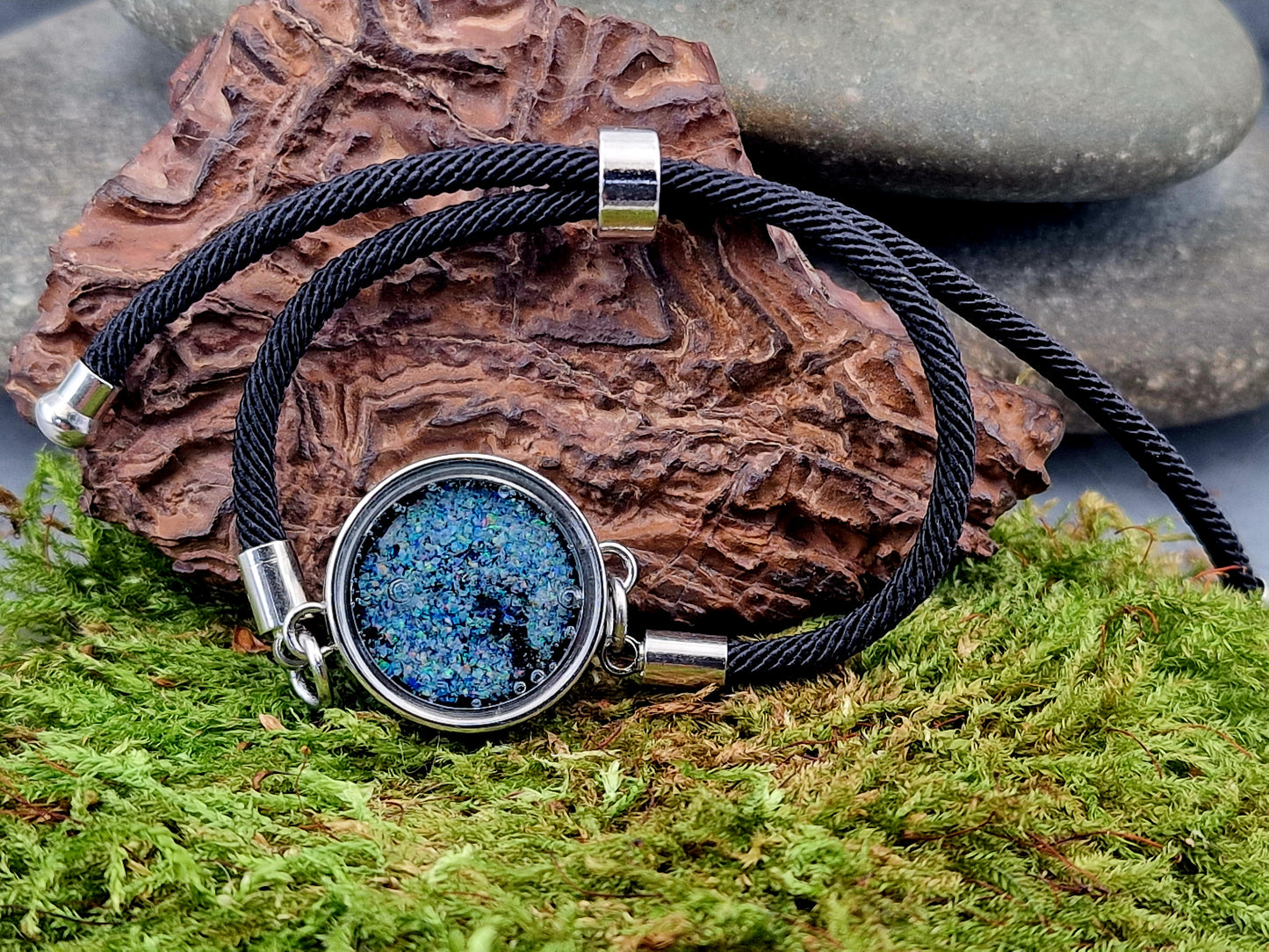 Lightning Ridge Opalsplitter Armband aus Edelstahl/Glas, bis 20cm Umfang, Nr. 168, bunte Opalsplitter , Unikat, von Hand individualisiert