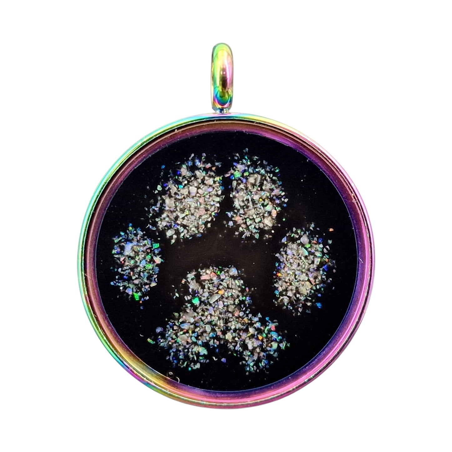 Bunt eloxierter Edelstahl/Glas Anhänger mit einem Pfötchen aus Lightning Ridge Opalsplittern, 3cm Durchmesser, Unikat, von Hand individualisiert