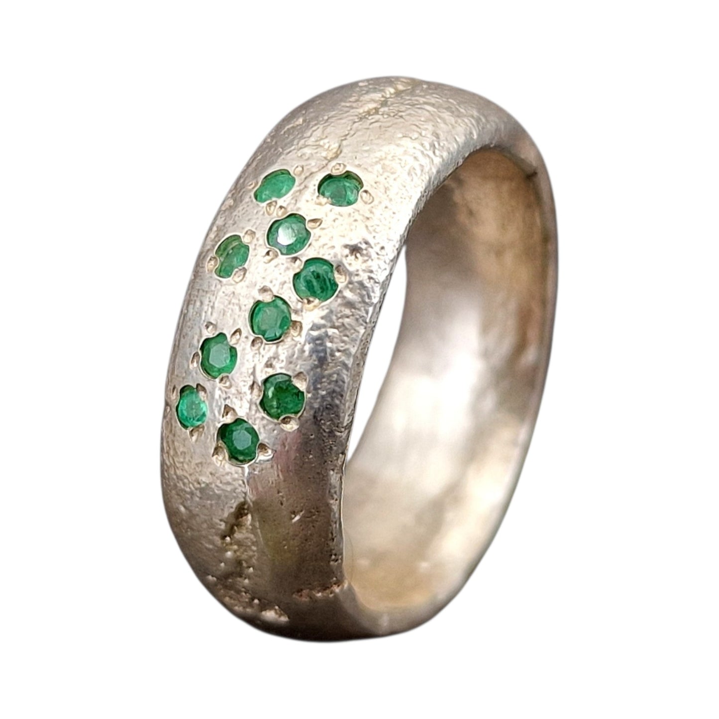 LeoLars-PABE Massiver Sandguss Design Ring aus 925er Silber mit 10 runden facettierten eingeriebenen Sambia Smaragden Größe 57 (18,2), Unikat, Handarbeit