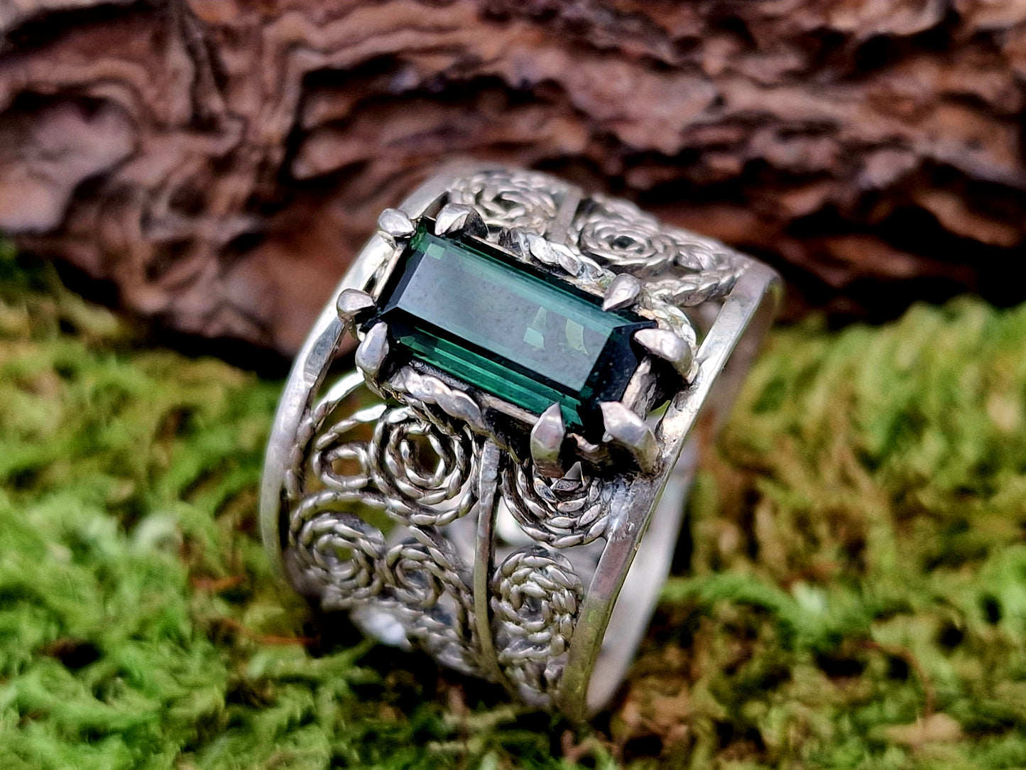 LeoLars-PABE Indigolith Design Filigree Ring, Gr. 57-58, aus 925er Silber, verspielt, leicht, dunkelblau, Unikat, Handarbeit