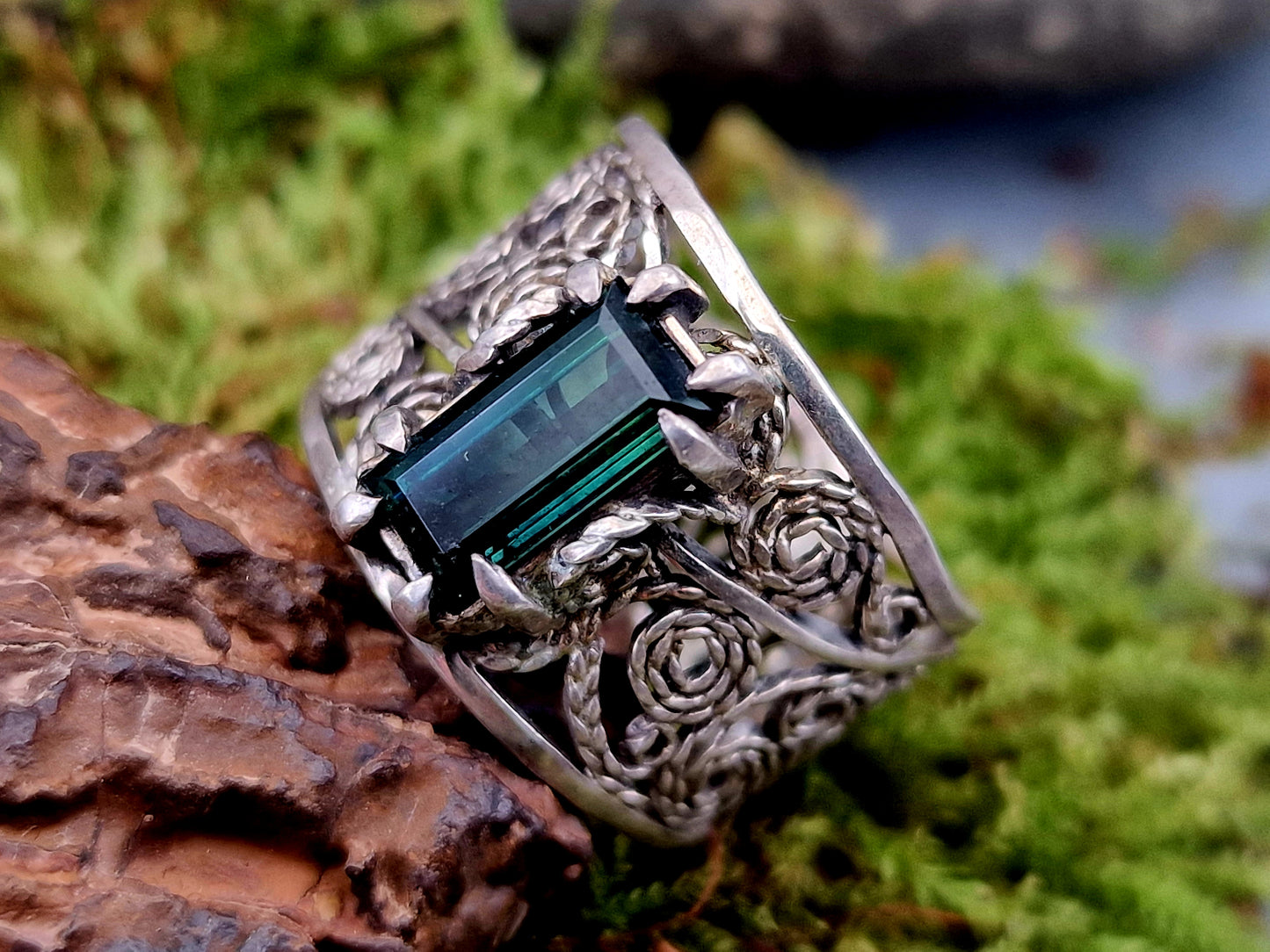 LeoLars-PABE Indigolith Design Filigree Ring, Gr. 57-58, aus 925er Silber, verspielt, leicht, dunkelblau, Unikat, Handarbeit
