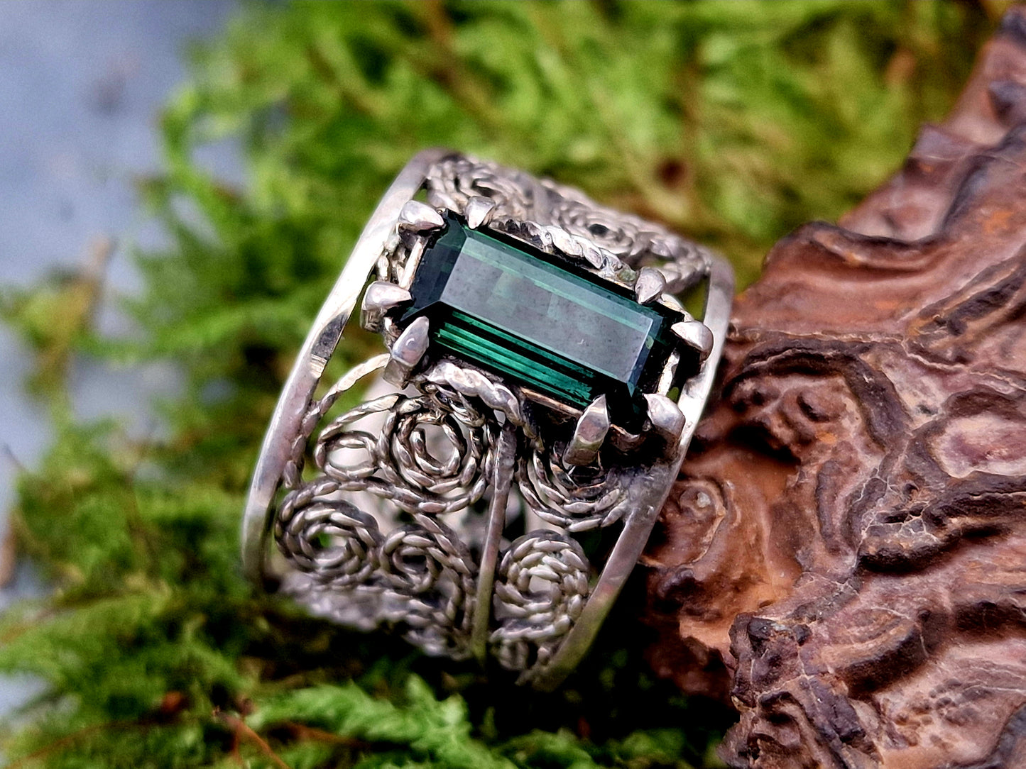 LeoLars-PABE Indigolith Design Filigree Ring, Gr. 57-58, aus 925er Silber, verspielt, leicht, dunkelblau, Unikat, Handarbeit