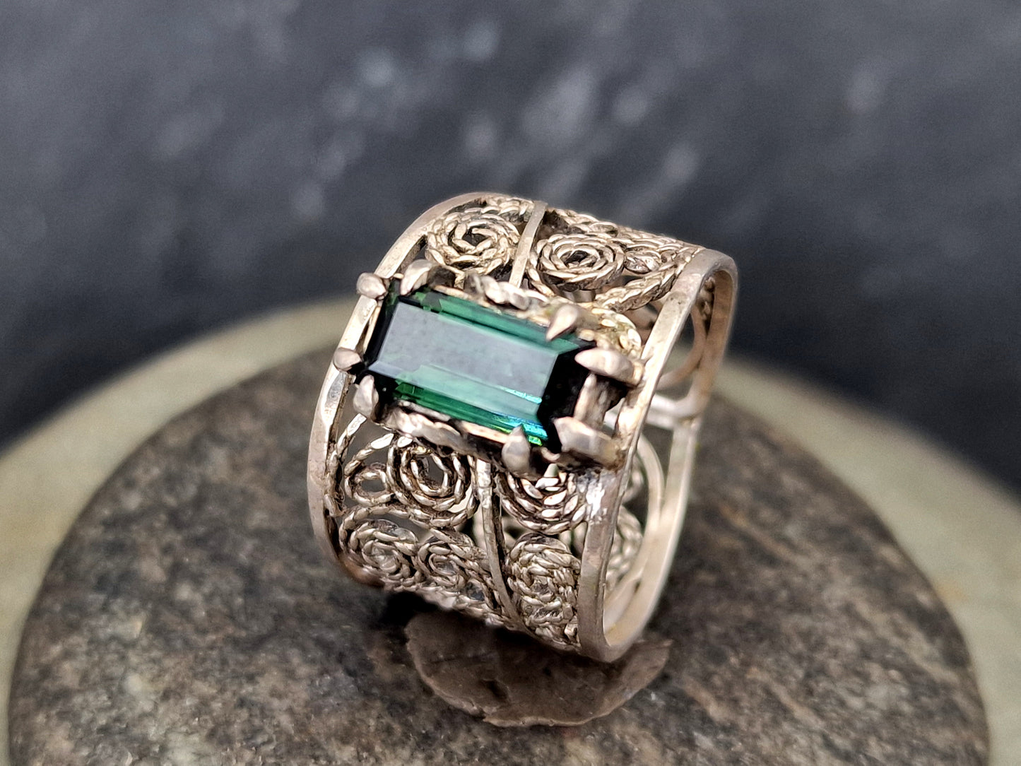 LeoLars-PABE Indigolith Design Filigree Ring, Gr. 57-58, aus 925er Silber, verspielt, leicht, dunkelblau, Unikat, Handarbeit