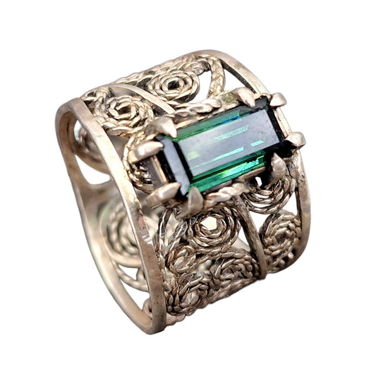 LeoLars-PABE Indigolith Design Filigree Ring, Gr. 57-58, aus 925er Silber, verspielt, leicht, dunkelblau, Unikat, Handarbeit