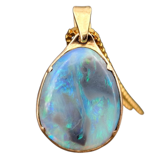 LeoLars-PABE Lightning Ridge Opal Anhänger aus 585er Gelbgold, Opal - Semi Chrystal mit blau-grünem Opalfeuer, 18,2x14,2mm, beidseitig, Unikat, Handarbeit