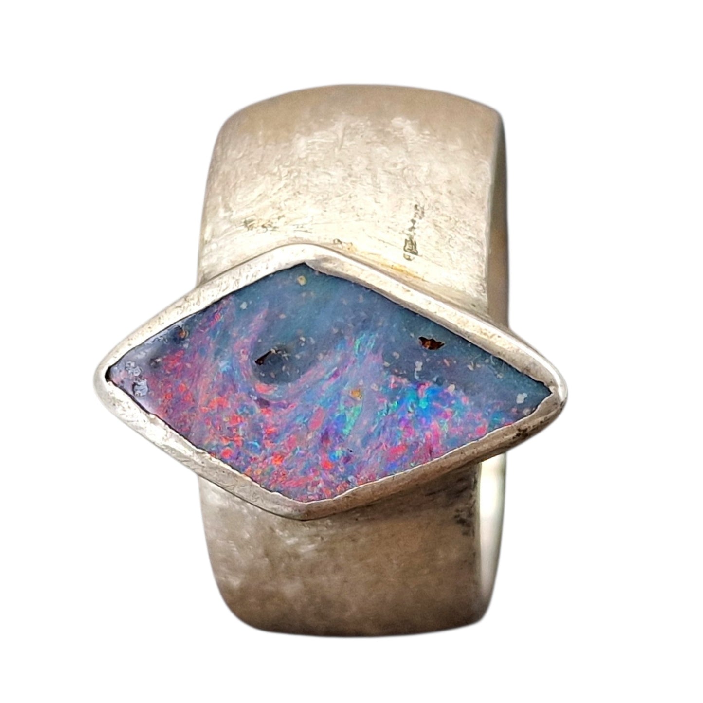 LeoLars-PABE Boulder Opal Design Ring aus 925er Silber, mit brillianter Multicolor Chrystal Opalschicht und Opalfeuer, Seidenmatt, Unikat, Handarbeit, Gr. 54 (17,2)