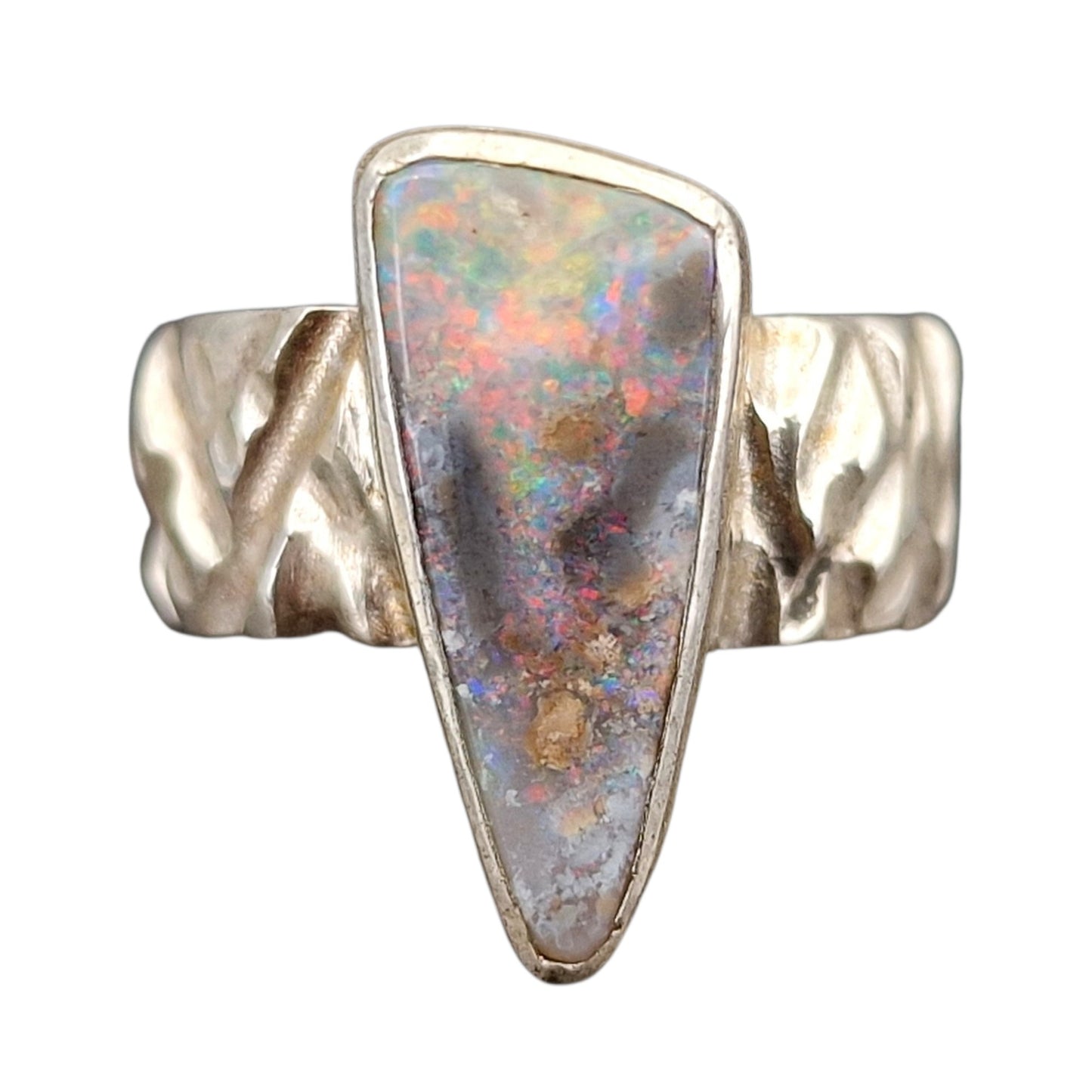 LeoLars-PABE Boulder Opal Design Ring aus 925er Silber, grobe Design Ring Struktur, massiv, Opal mit grauer gemeiner Opalschicht mit tollem mehrfarbigen Opalfeuer, Größe: 54 (17,2), Unikat Handarbeit
